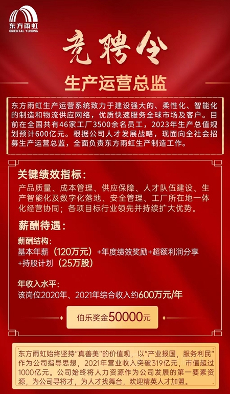 年薪600万揽才！数百人竞聘东方雨虹生产运营总监