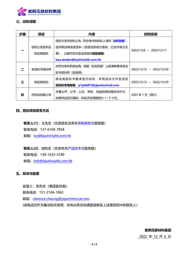 公开招标！紫荆花新材料集团2023年原材料招标通知！