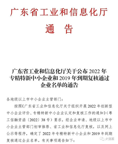 东莞大宝化工通过广东省“专精特新”企业认定！