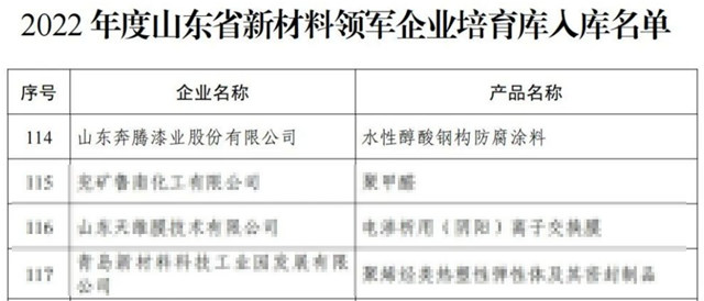 奔腾漆业入选《2022年度山东省新材料领军企业培育库入库名单》