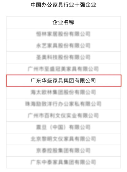 华盛家具集团再度荣获“中国办公家具行业十强企业”