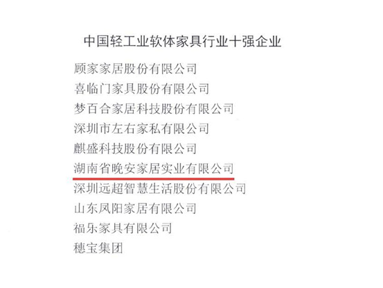 晚安家居荣登“中国轻工业软体家具行业十强企业”榜单