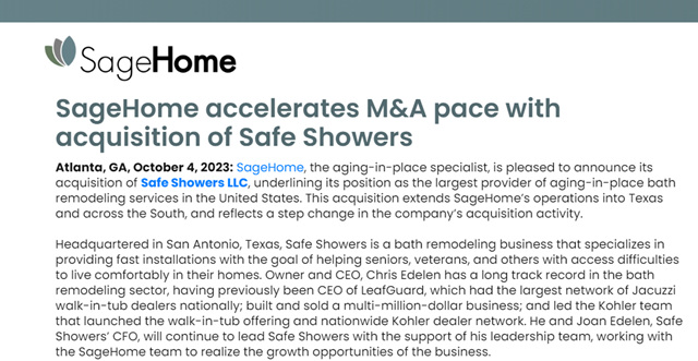 北美最大康养卫浴SageHome宣布收购Safe Showers快装