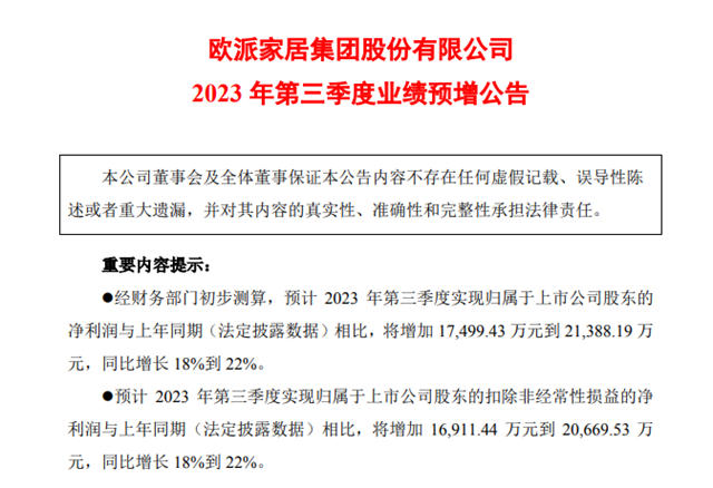 欧派家居前三季度净利润预增18%到22%