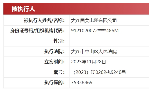 国美电器新增被执行7533.89万