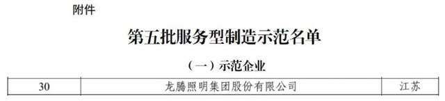 龙腾照明上榜服务型制造示范企业名单