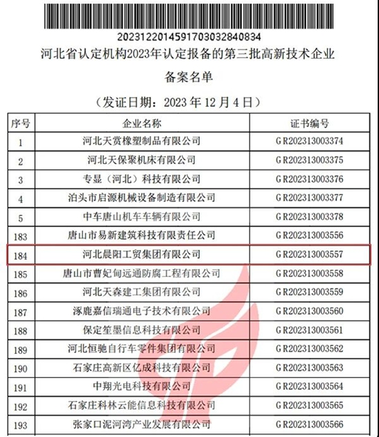 河北晨阳工贸集团再次荣获“高新技术企业”认证