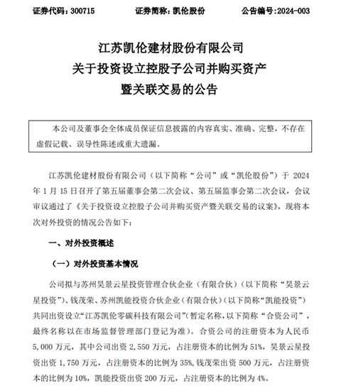 凯伦股份拟设立零碳科技公司并购买资产