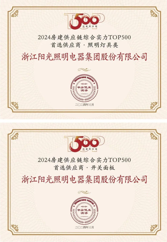 阳光照明蝉联中国房地产500强首选供应商三项殊荣，品牌实力再获认可