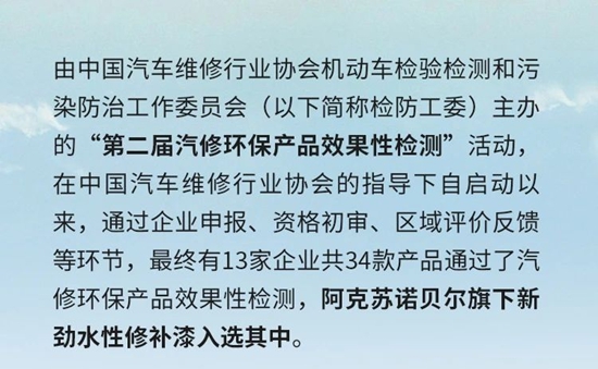 阿克苏诺贝尔新劲水性汽车修补漆荣获“中国汽修环保产品”称号！