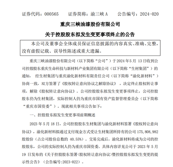 转让上市涂企股权终止！探秘“实际情况发生变化”的幕后真相