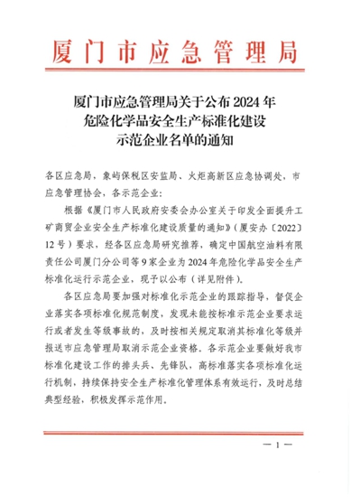 厦门双瑞荣获厦门市2024年危险化学品安全生产标准化建设示范企业荣誉称号