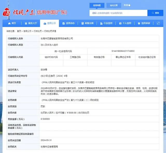 东莞一知名家具企业被罚款5000元