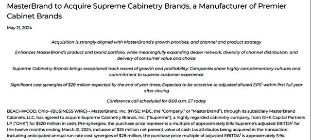 MasterBrand以约38亿元收购另一橱柜制造商