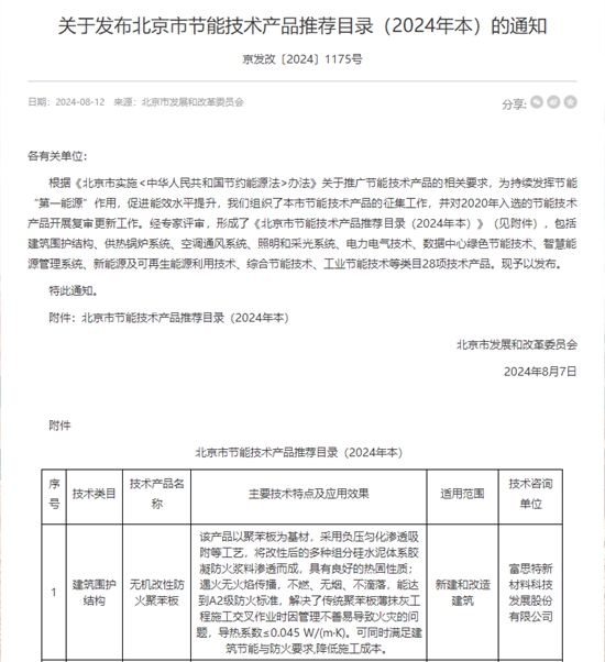 富思特无机改性防火聚苯板入选北京市节能技术产品