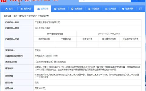 广东康之泉智能卫浴有限公司被罚款 5000 元