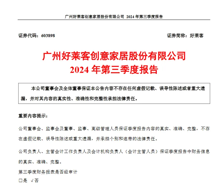 好莱客家居2024年前三季度营收下滑11.24%，净利润跌幅超48%