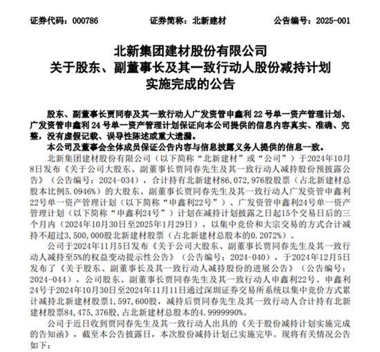 套现1亿多，北新建材副董事长减持后股票价值22亿