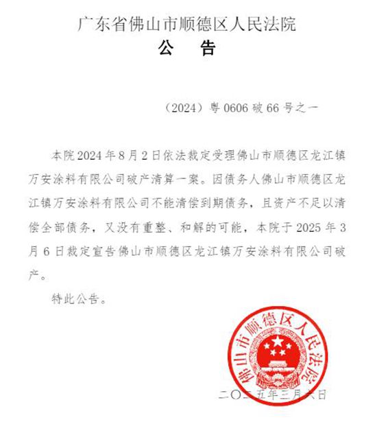 资不抵债！广东又一家老牌涂料厂破产